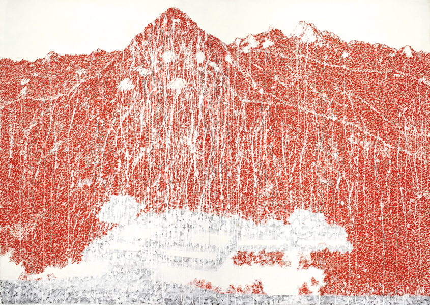 박능생 〈 붉은산(경복궁)〉 화선지에 홍묵 148×106cm(각, 2폭) 2016~2017